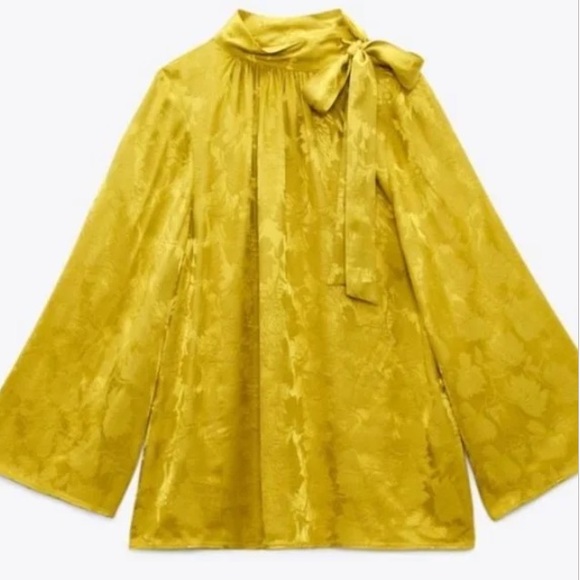 Zara Satin Effect Jacquard Tie Neck Blouse Size Small, Lime Green, New - Picture 5 of 9